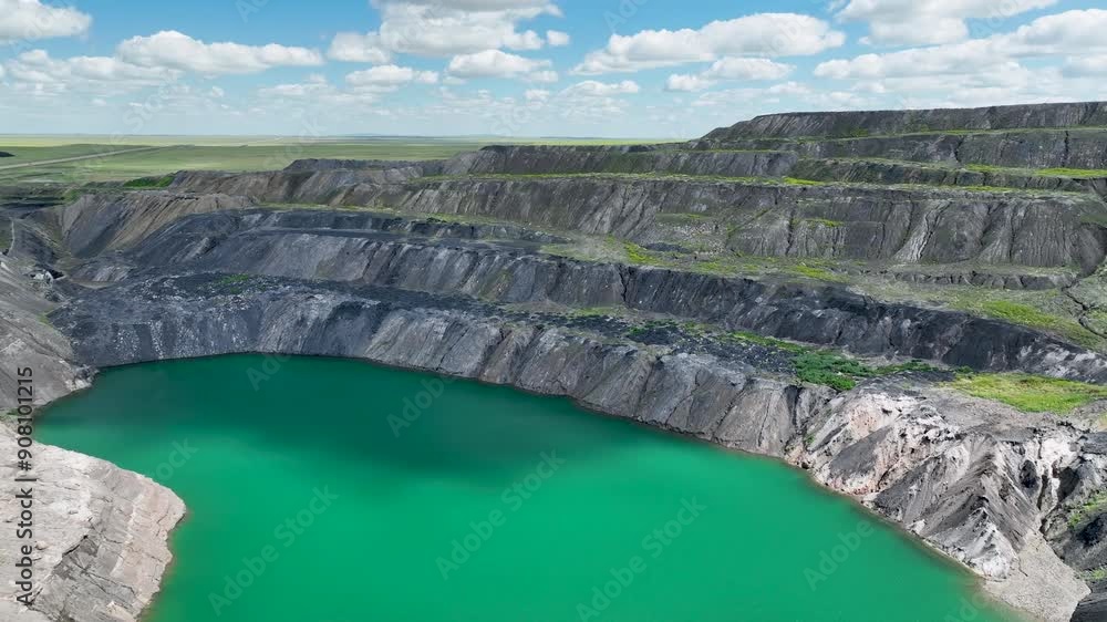 The terraced slopes of abandoned flooded coal mine in the steppe. The terraced slopes of abandoned flooded coal mine in the steppe.