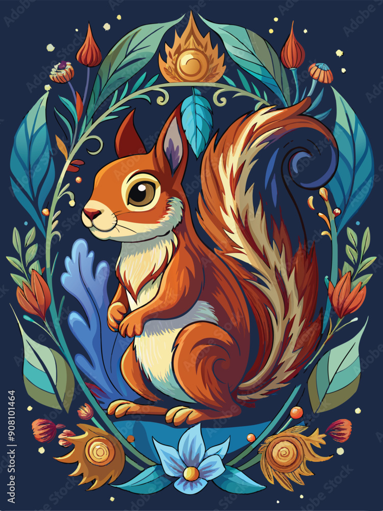 Fototapeta premium A Cartoon Squirrel Surrounded by Colorful Floral Elements