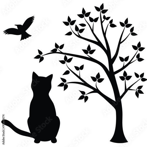Silhouette Cat Sitting on a Branch Vector Illustration.