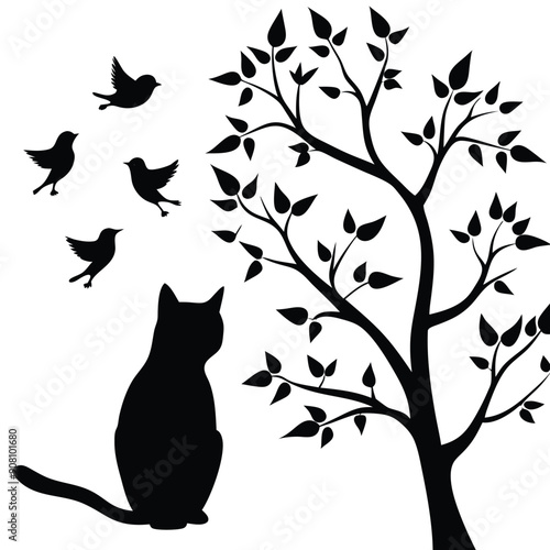 Silhouette Cat Sitting on a Branch Vector Illustration.
