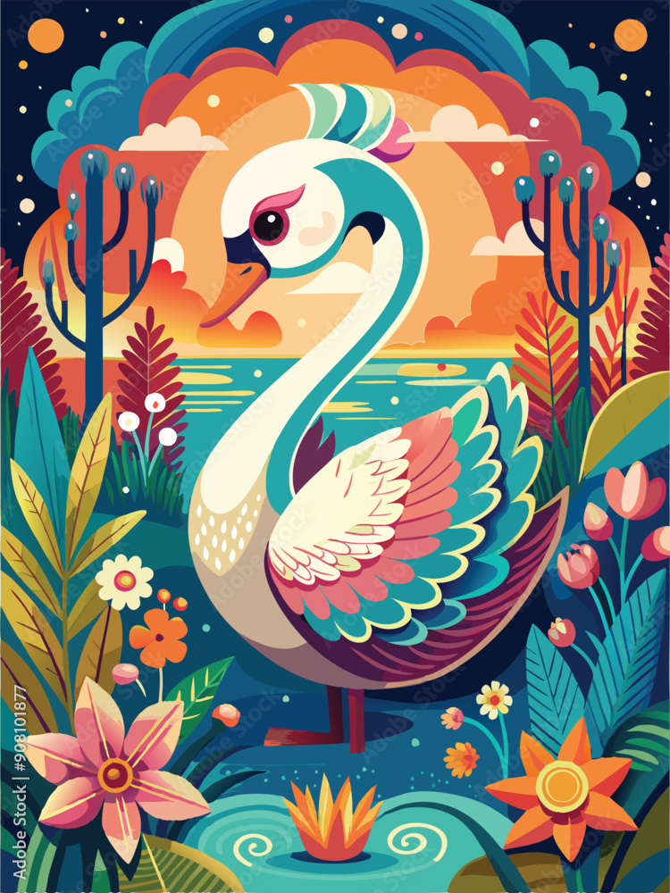 Fototapeta premium Colorful Swan in a Lush Garden Landscape