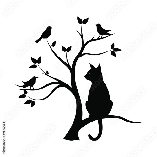 Silhouette Cat Sitting on a Branch Vector Illustration.