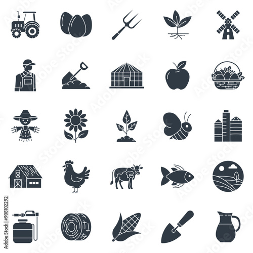 agriculture icons set, Included icons as Barn, Greenhouse, Hay Bale, Corn and more symbols collection, logo isolated vector illustration