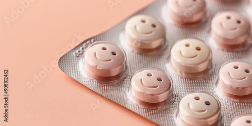 Tablets with smiles smiley faces in a blister pack on a simple background with copy space. Creative concept of antidepressants, sedative pills