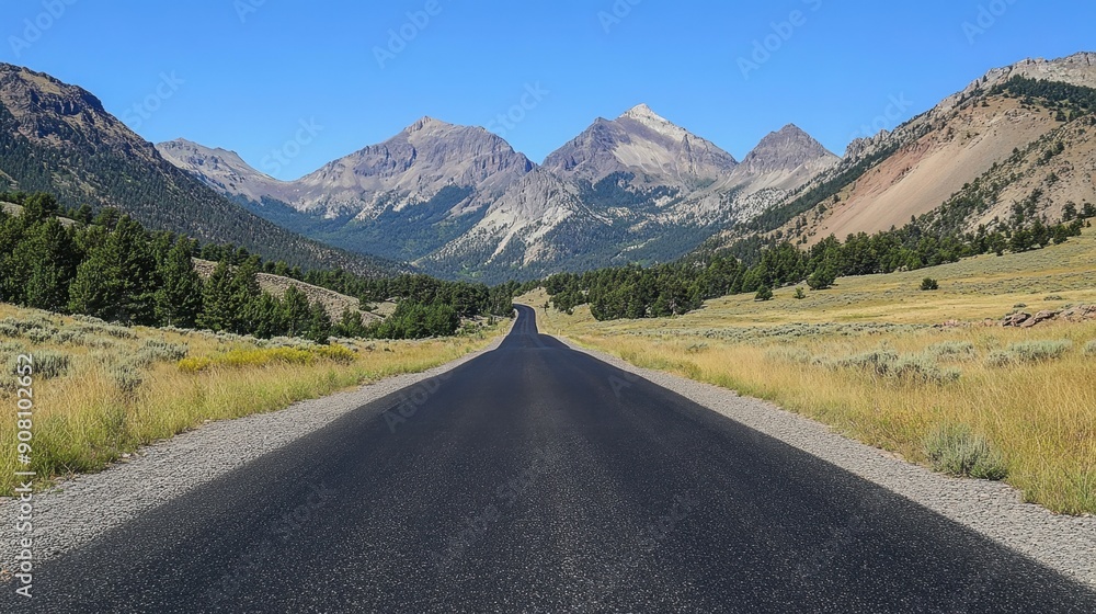 Fototapeta premium Black asphalt road leading into the mountains during summer, showcasing a scenic route.