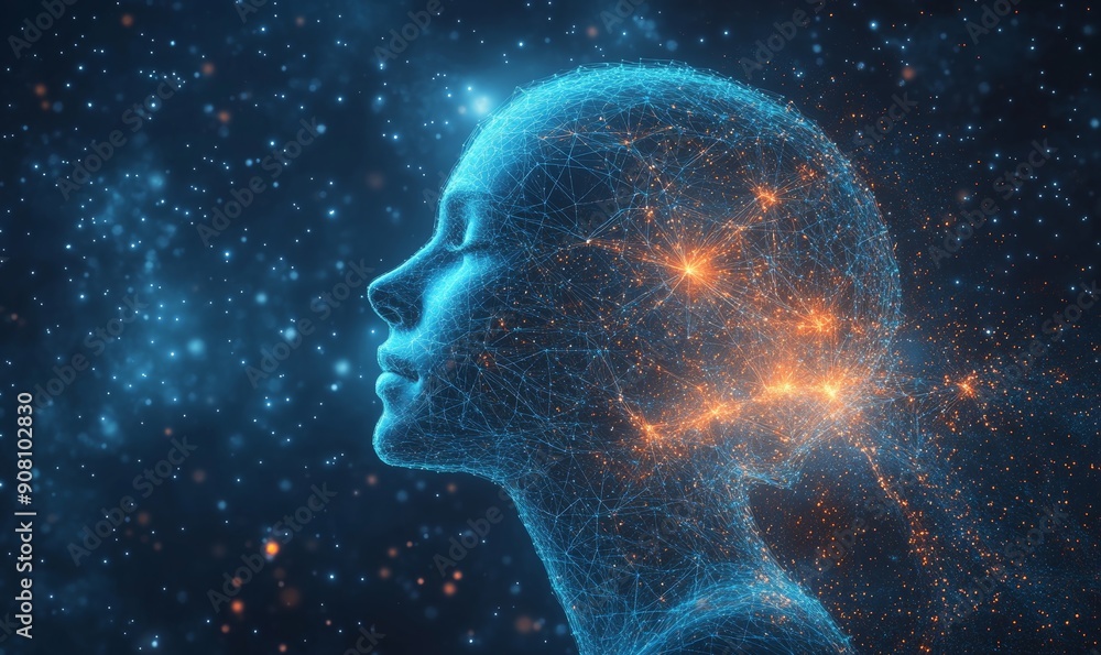 Digital profile of a human head with interconnected lines on a starry ...