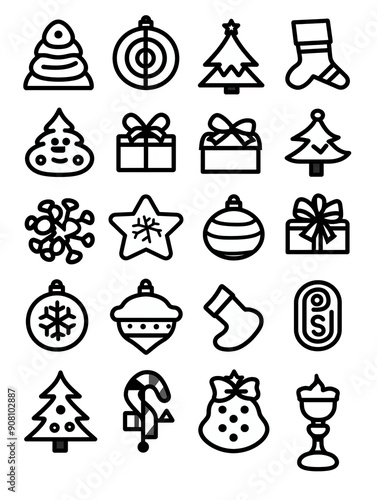 A Collection of Christmas Themed Icons in Black and White.., generative ai image