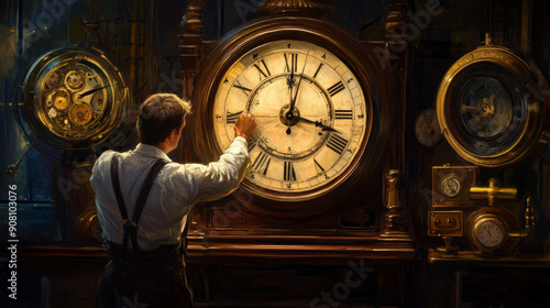 Show people interacting with clocks, such as winding a grandfather clock, checking a wristwatch, or setting an alarm, highlighting the human connection to timekeeping. 