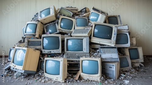 Pile of old computer monitors and keyboards, representing waste and excess in the digital age.