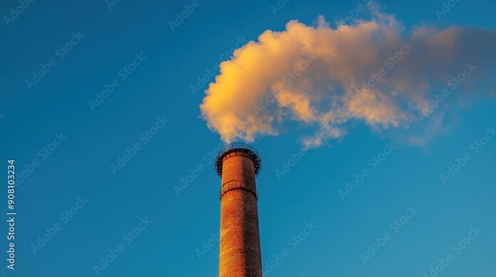 Chimney with smoke rising on blue sky background, emphasizing industrial activity. Chimney with smoke rising on blue sky background, emphasizing industrial activity.