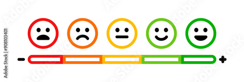 Smile rating: bad, poor, average, good, excellent. Emotion levels on scale different faces icon. Satisfaction, pain feedback with emoticon concept. Colorful vector smile rating illustration.
