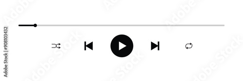 Music or video play bar icon. Audio player for songs or podcast playlist. Play, shuffle, repeat, rewind and fast forward buttons. Template of media player playback panel interface. EPS file 53.