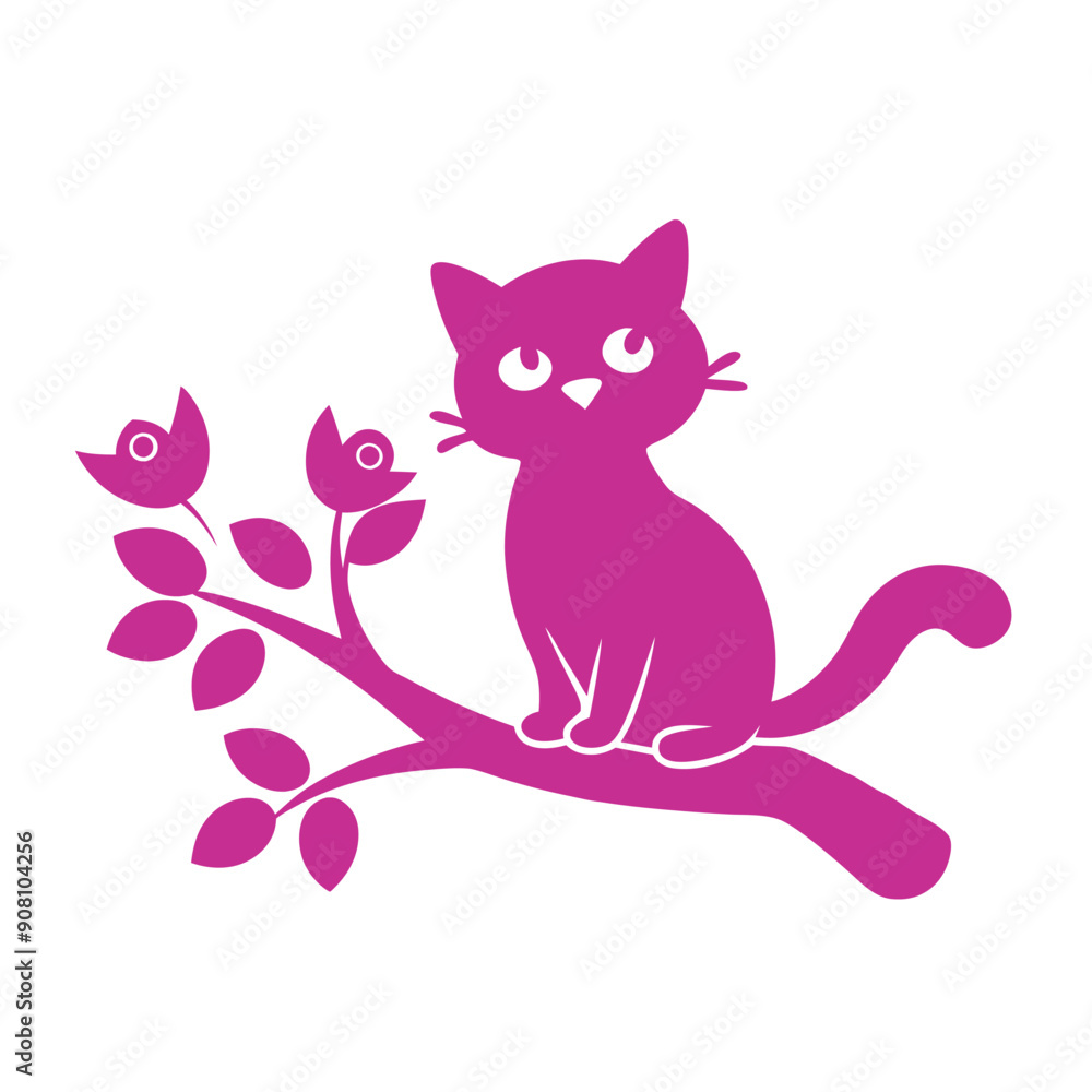 Silhouette Cat Sitting on a Branch Vector Illustration. Silhouette Cat Sitting on a Branch Vector Illustration.