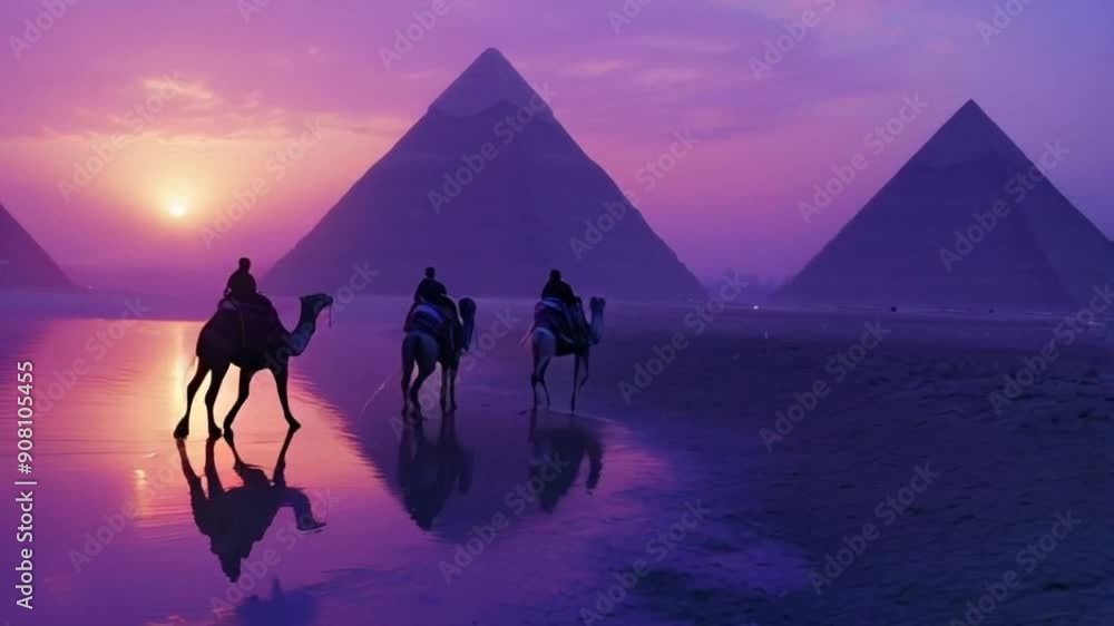 Mesmerizing video of camels silhouetted against a stunning sunrise by the pyramids. Captures the essence of Egypt's majestic desert scenery. Mesmerizing video of camels silhouetted against a stunning sunrise by the pyramids. Captures the essence of Egypt's majestic desert scenery.