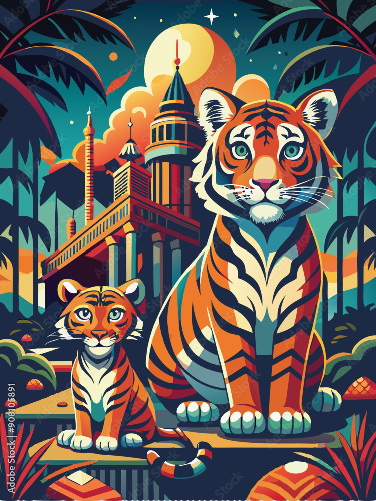 Obraz premium A Mother Tiger and Cub Standing in Front of a Mysterious Building Under a Crescent Moon