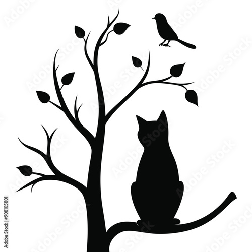 Silhouette Cat Sitting on a Branch Vector Illustration.