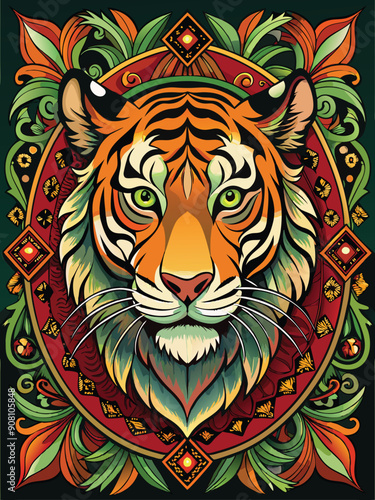 Ornate Frame with Tiger Head and Floral Design