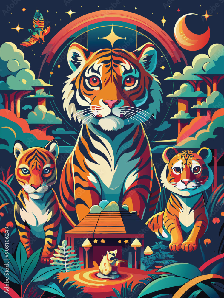 Obraz premium A Family of Tigers in a Nighttime Jungle Setting
