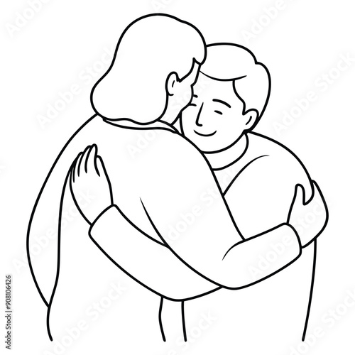 Hug Vector line art illustration of Happy meeting of two Friends hugging. Two friends happy to each other. Love, relatives, friends, line drawing 