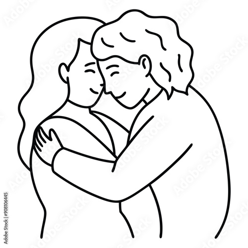 Hug Vector line art illustration of Happy meeting of two Friends hugging. Two friends happy to each other. Love, relatives, friends, line drawing 