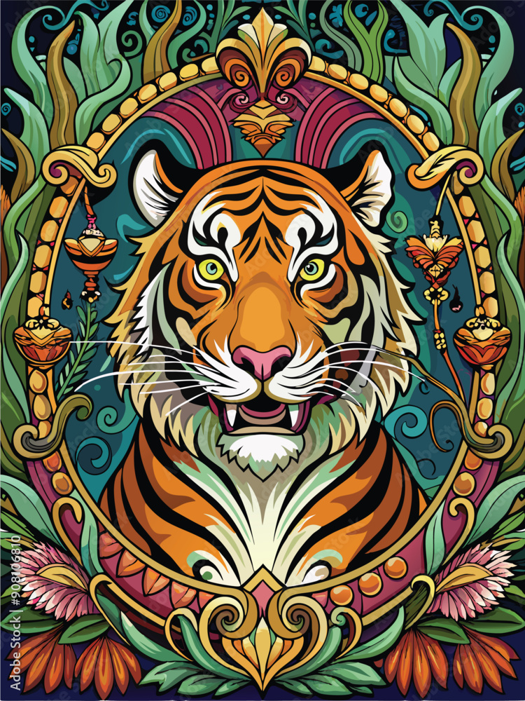 Ornate Portrait of a Tiger with Floral and Geometric Designs Ornate Portrait of a Tiger with Floral and Geometric Designs