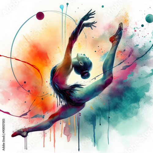 Rhythmic gymnastics exercise in watercolor, olympic rhythmic gymnastics