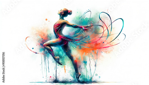 Rhythmic gymnastics exercise in watercolor, olympic rhythmic gymnastics