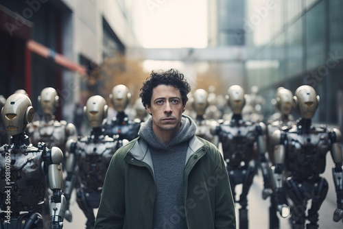 A worried and preoccupied man amidst the hustle and bustle of the street