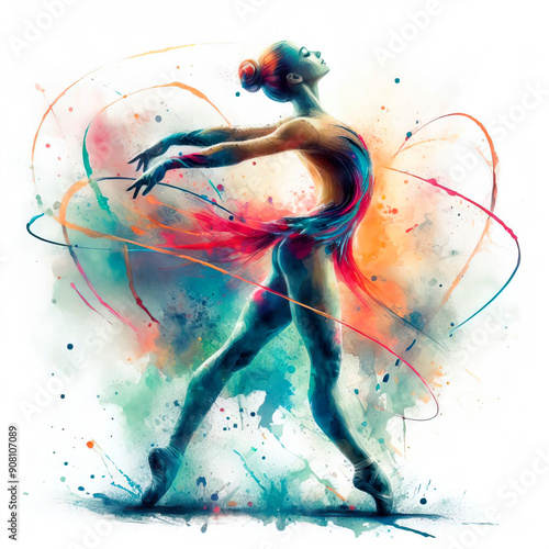 Rhythmic gymnastics exercise in watercolor, olympic rhythmic gymnastics