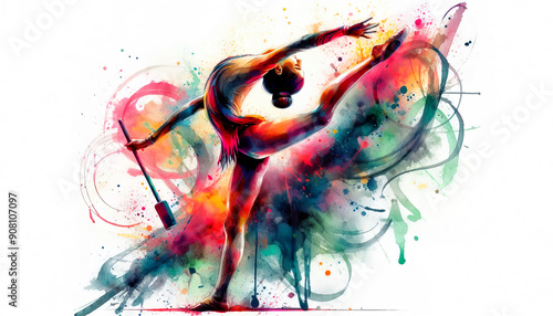 Rhythmic gymnastics exercise in watercolor, olympic rhythmic gymnastics