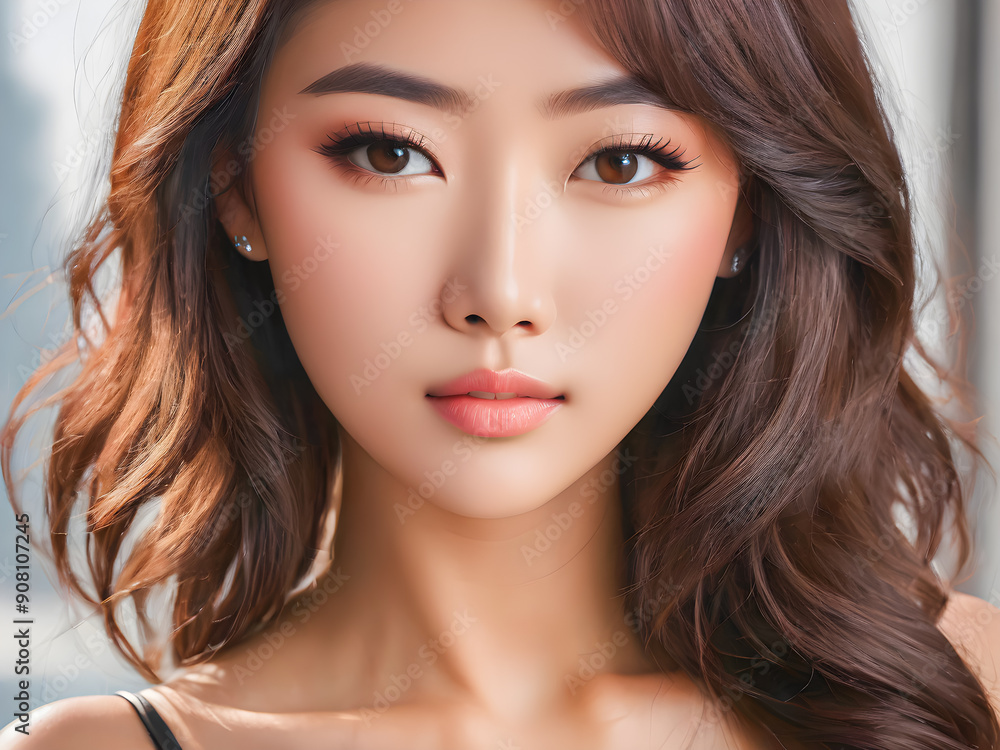 Beautiful closeup face, young Asian woman with clean fresh skin minimal background, Face care, Facial treatment, Cosmetology, beauty and spa, Asian women portrait. Luxury moody portrait. AI generated