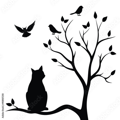 Silhouette Cat Sitting on a Branch Vector Illustration.