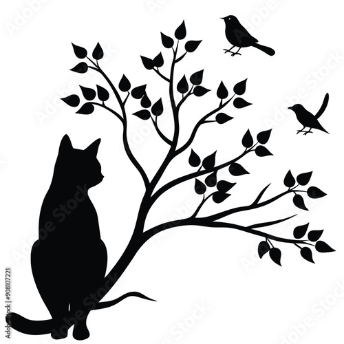 Silhouette Cat Sitting on a Branch Vector Illustration.