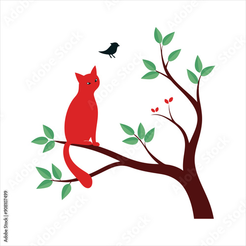 Silhouette Cat Sitting on a Branch Vector Illustration.