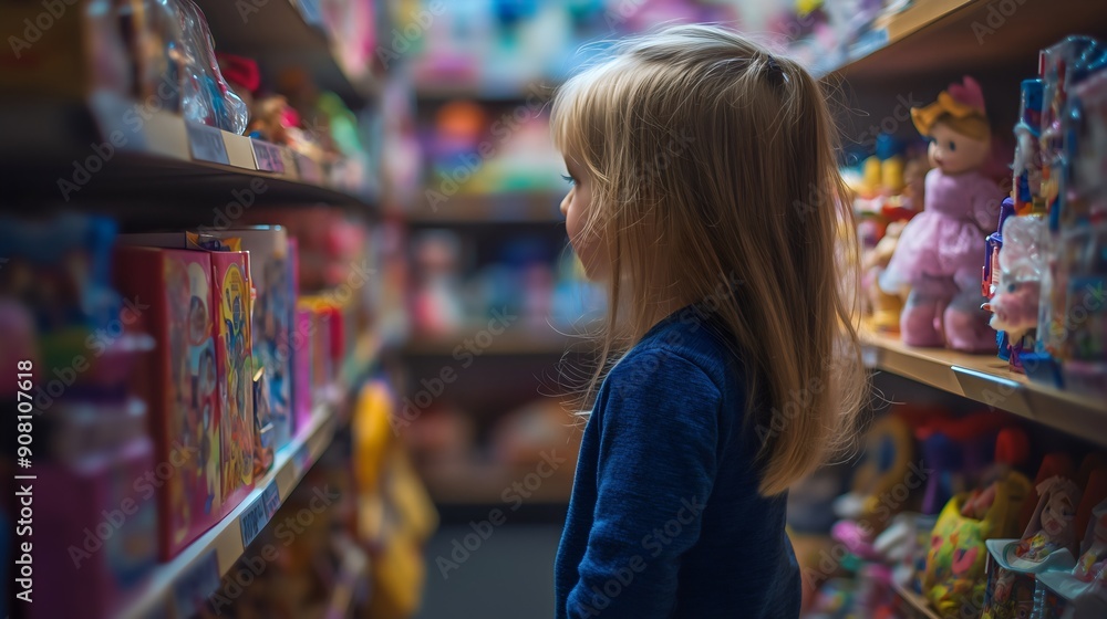 Little kid girl child or toddler in a blue jacket in the market shop choosing female toys, dolls for playing. Gift purchase, retail store shelves, family shopping, kindergarten childhood, present sale Little kid girl child or toddler in a blue jacket in the market shop choosing female toys, dolls for playing. Gift purchase, retail store shelves, family shopping, kindergarten childhood, present sale