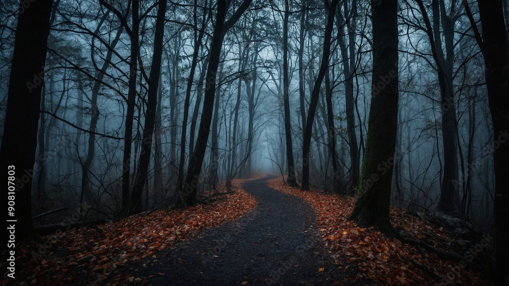 Fototapeta premium Misty Path Through Haunted Forest with Dim Light and Shadows