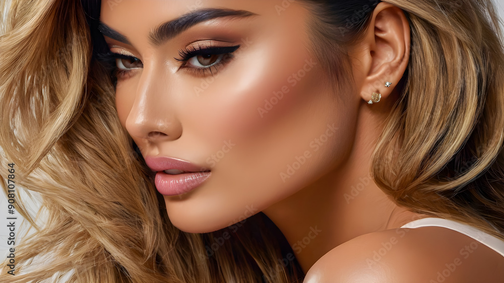 Beautiful stylish woman closeup portrait. Sensual sexy attractive brunette magical eyes, lips, clean face skin. Beauty girl skin care, facial cosmetics and makeup concept. AI generated Beautiful stylish woman closeup portrait. Sensual sexy attractive brunette magical eyes, lips, clean face skin. Beauty girl skin care, facial cosmetics and makeup concept. AI generated