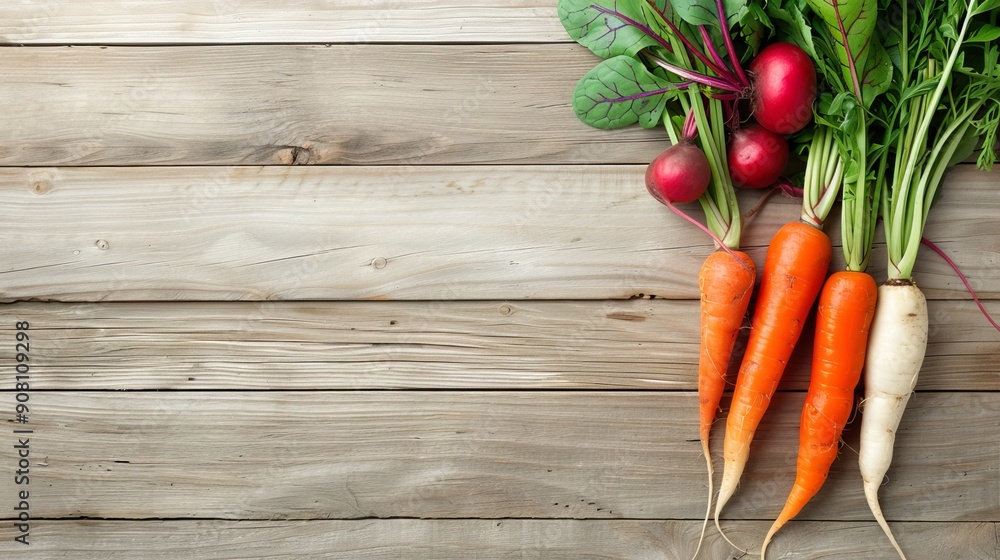 Fresh root vegetables such as carrots, beets, and radishes with their greens on a rustic wooden table