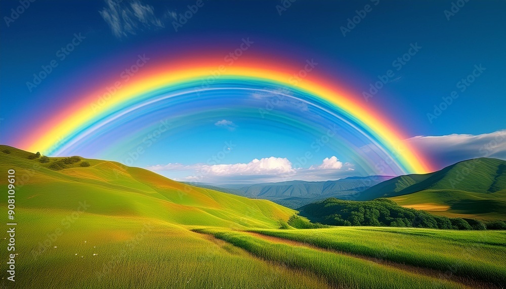 A double rainbow arching across a vivid blue sky, with a backdrop of rolling green hills A double rainbow arching across a vivid blue sky, with a backdrop of rolling green hills