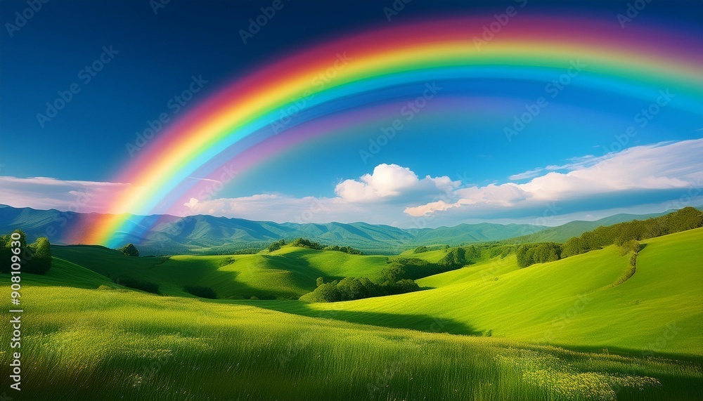 A double rainbow arching across a vivid blue sky, with a backdrop of rolling green hills A double rainbow arching across a vivid blue sky, with a backdrop of rolling green hills