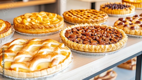 A bakery counter filled with a variety of pies, from apple to pecan, each beautifully decorated, copy space for text, high-resolution photo, realistic photo