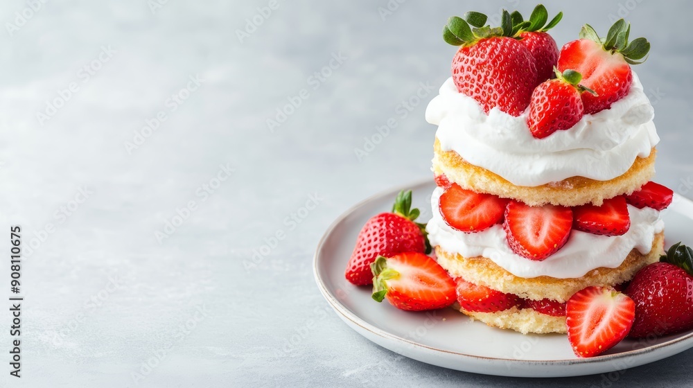 A close-up of a strawberry shortcake with layers of whipped cream and fresh strawberries, on a vintage dessert plate, copy space for text, high-resolution photo, realistic photo A close-up of a strawberry shortcake with layers of whipped cream and fresh strawberries, on a vintage dessert plate, copy space for text, high-resolution photo, realistic photo