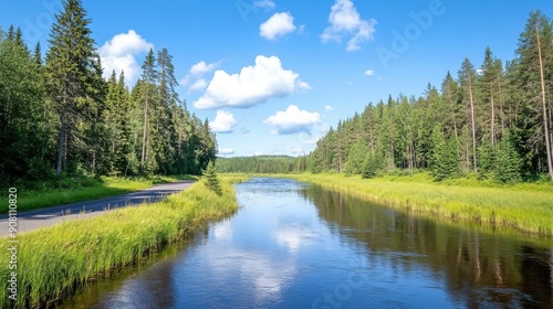 Road alongside a pine forest river, reflection of trees in the water