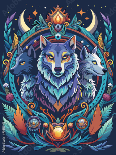 Three Wolf Heads Surrounded by Ornate Floral Design