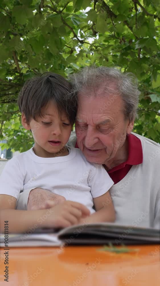 Grandfather and grandson reading a book together outdoors, under the shade of a tree, enjoying quality time and fostering a strong family bond and intergenerational learning Grandfather and grandson reading a book together outdoors, under the shade of a tree, enjoying quality time and fostering a strong family bond and intergenerational learning