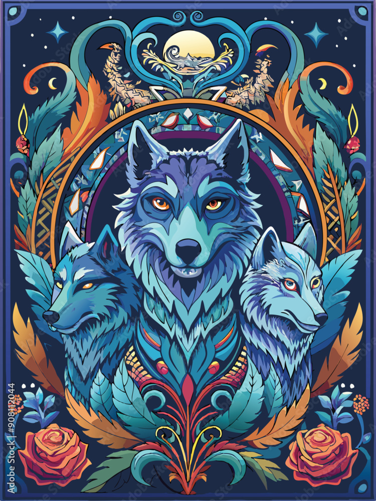 Fototapeta premium Three Blue Wolves with Ornate Floral Design