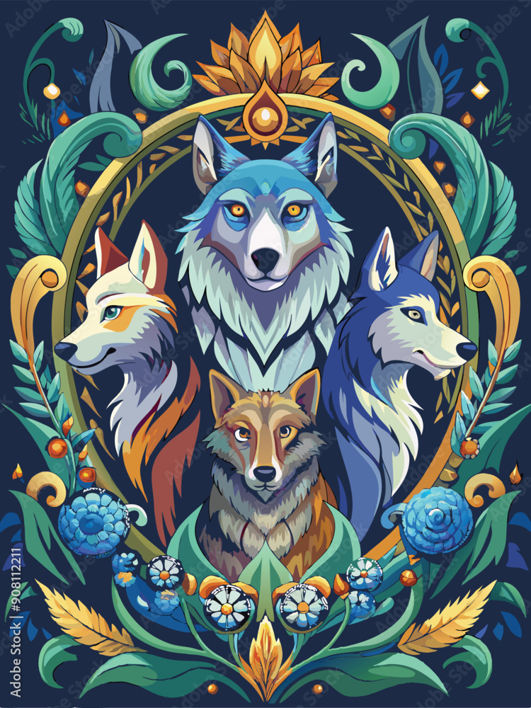 Fototapeta premium Four Wolves Encircled by Floral Ornamentation