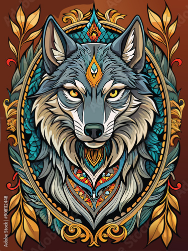 Ornate Frame Enclosing the Face of a Wolf with Intricate Details