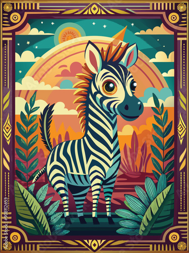 A Cartoon Zebra Standing in a Jungle Setting with a Sunset Background
