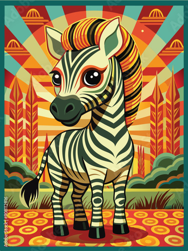 A Stylized Zebra with a Bold Hairstyle Stands Against a Colorful Sunset Background